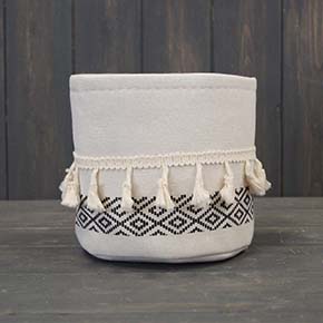 Medium Cylinder White and Black Cotton Planter with Tassels (14cm) detail page